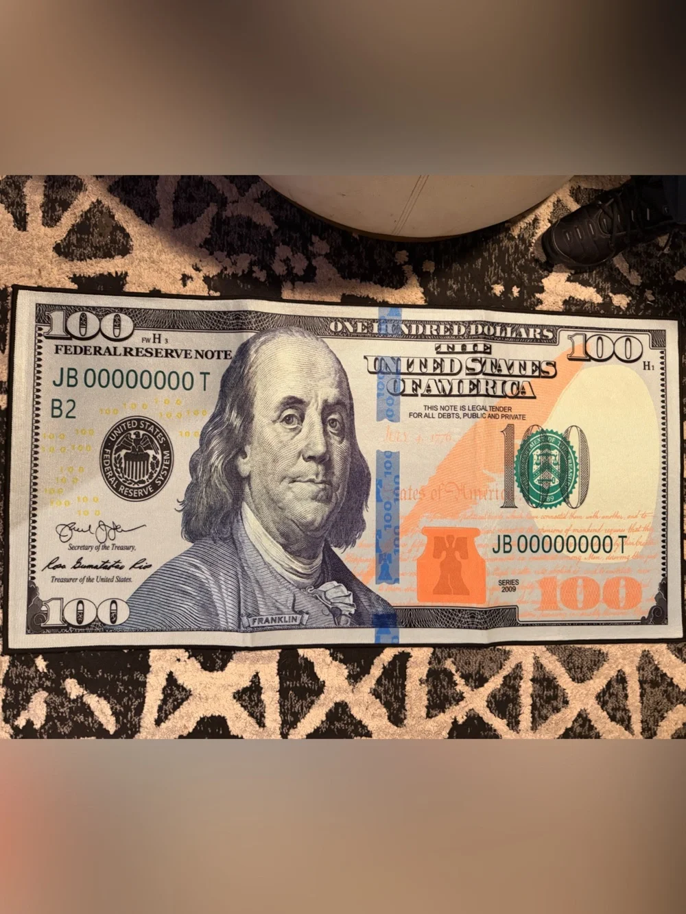 Oversized blue face $100 Bill Print exotic rug - Blue, Orange, Green, black